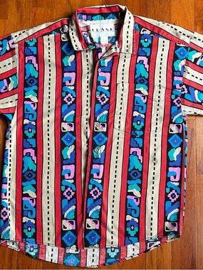 Vintage Multicolor Striped Button-Down Shirt - Red, Turquoise, Cream